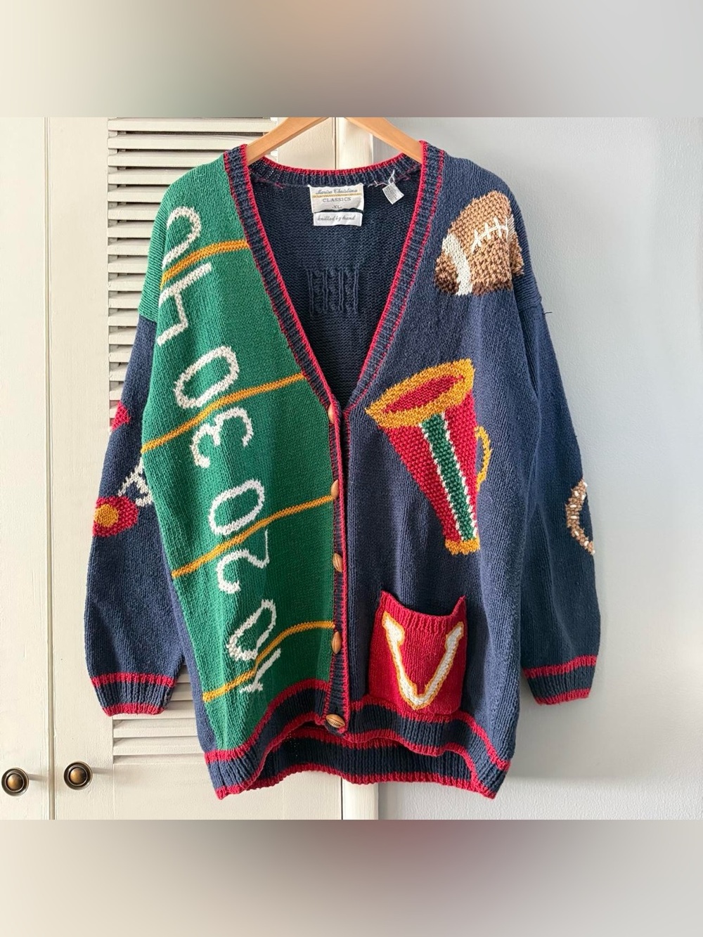Vintage 90’s Marisa Christina Classics Hand Knitted Football Cardigan Sweater XL